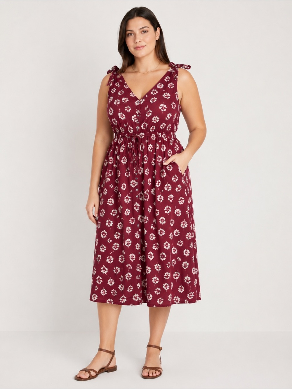 Dip Burgundy Floral Button Front Midi Dress NWT 1X Tie Strap Viscose